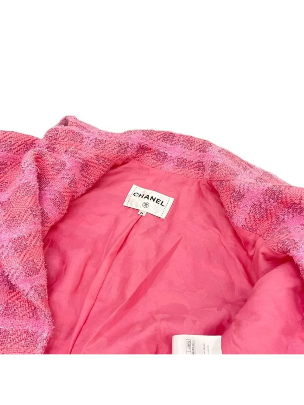 Chanel Coat 34 S Pink Tweed Plaid Rhinestone CC Logo Button Fall Winter Cotton